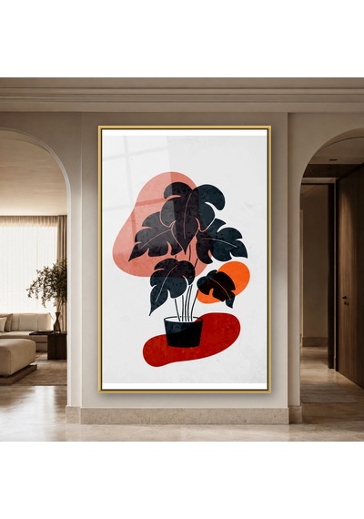 Saksıda Minimal Monstera Gold Çerçeveli Cam Tablo