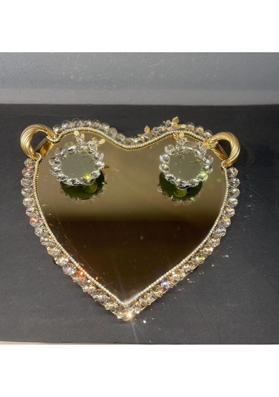 Dekoratif Kristal Cam Ayna Kalp Sunum Tepsisi Gold