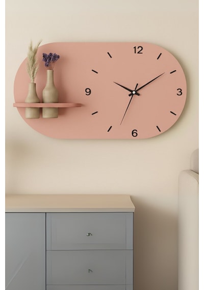 Modern Tasarım Raflı Nera Duvar Saati 60x35 Somon