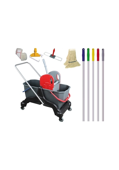 Safell Çift Kovalı Temizlik Arabası - Temizlik Seti Mop Ve Aparatı - 6 Parça Paspas Arabası - 25 Litre - Siyah