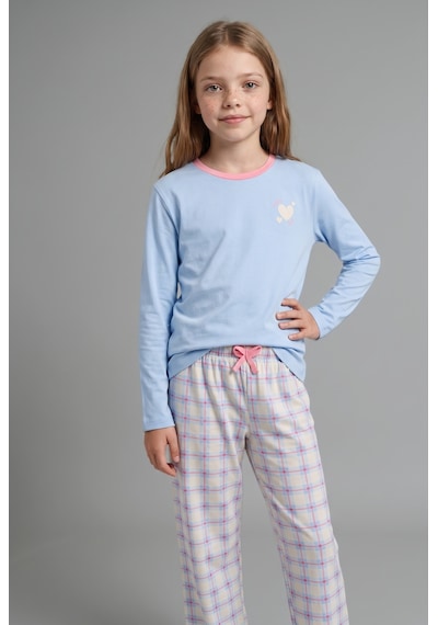 Defacto Uzun Kollu Kalp Baskılı Kareli Alt 2li Pijama Takımı Kız Çocuk I2284a826aube791 Mavi-be791
