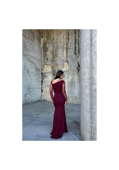 DefyModa Kadın Asimetrik Yaka Taş Detaylı Maxi Abiye Elbise Bordo