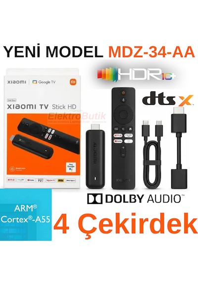 Xiaomi Tv Stick Hd Yeni Model Mdz-34-aa 4 Çekirdek Hdr10+ Dolby Audio Dts:x Çift Bant Wi-fi
