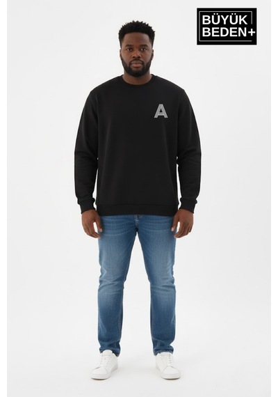 Süperlife Erkek Büyük Beden A Baskılı Bisiklet Yaka İnce Sweatshirt Spr26bsw956-12 Siyah
