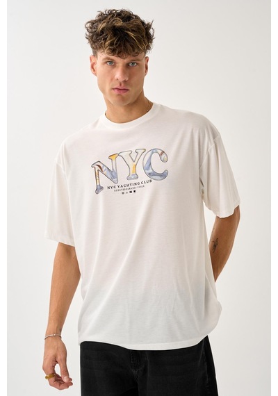 Geniş Kalıp Bisiklet Yaka Baskılı Unisex T-shirt Beyaz