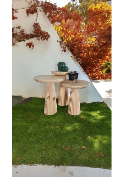 Ahşap 3 Lü Set Fitilli Mantar Yan Sehpa Modern Fiskos / Çiçeklik Vernikli Ahşap
