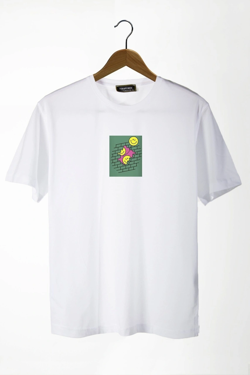 Veaven Unisex Beyaz Bisiklet Yaka Önü Smiley Baskılı Oversize T-shirt Beyaz