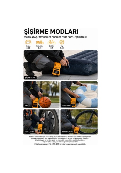 Exenar - Turuncu - Akıllı Akü Takviye Cihazı Hava Kompresörü 150psı Jump Starter 10000mah Mah 4in1 Marş Ve Hava Pompası