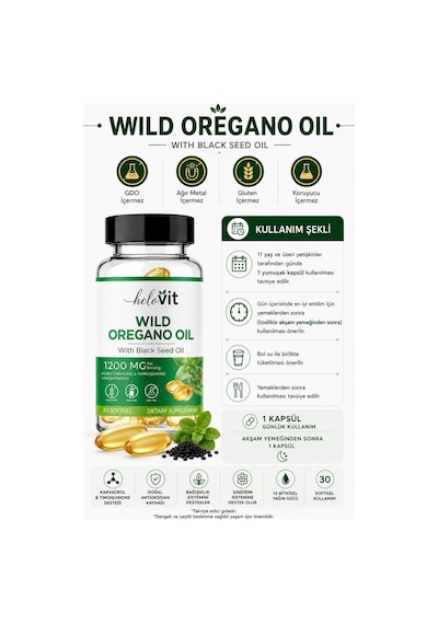 Helovit Wild Oregano Oil 1200 Mg Çörek Otu Yağı İçeren Doğal Vücut Direnci Desteği 30 Softjel