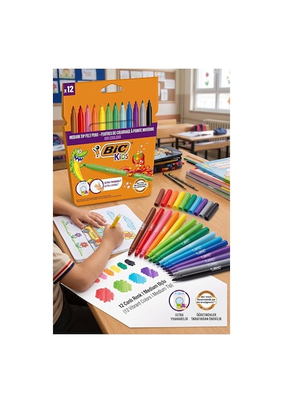 Keçeli Kalem 12 Renk 1 Paket Bic Kid Couleur 12 Li Keçeli Kalem Canlı Renkler Yıkanabilir Kaliteli Okul Öğrenci