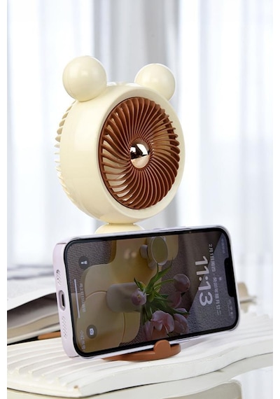 Şarjlı El Vantilatörü Telefon Standlı 3 Kademeli Ayıcıklı Taşınabilir Masa Fanı F72 Mavi