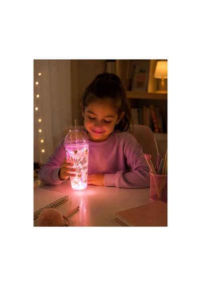 Led Işıklı,pipetli ,simli Pullu Desenli Çocuklara Sevimli İçeçek Bardağı Pembe Pembe