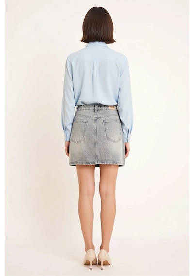 Benerly Kadın Mini Denim Etek Orta Bel %100 Pamuk Rigid Dokuma Klasik Kes Gri