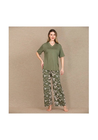 L'ombre Şık Tasarım Çiçek Desenli Yeşil Kısa Kol Viskon Pijama Takımı