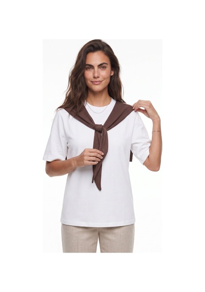 Onloox Kadın Beyaz Beyaz Kahve Yumuşak Dokulu Bisiklet Yaka Oversize Omuz Şal Detaylı Kısa Kollu T-shirt