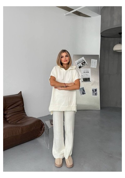 Kechi Woman Kapşonlu Kolsuz Triko Takım Beyaz