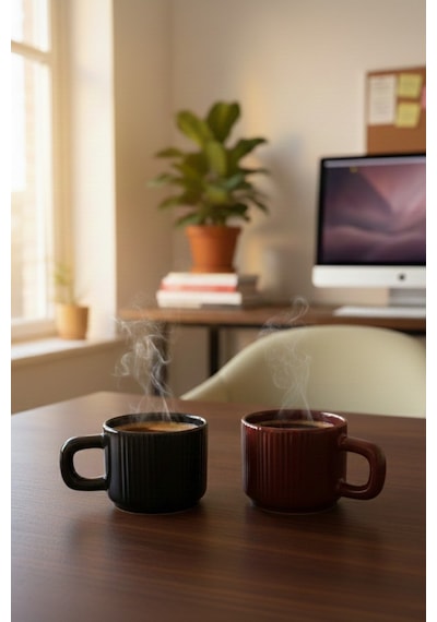 2 Adet El Yapımı 260 Ml Bordo Siyah Parlak Seramik Mug Çay Kahve Kupası Mıt1305 Bordo