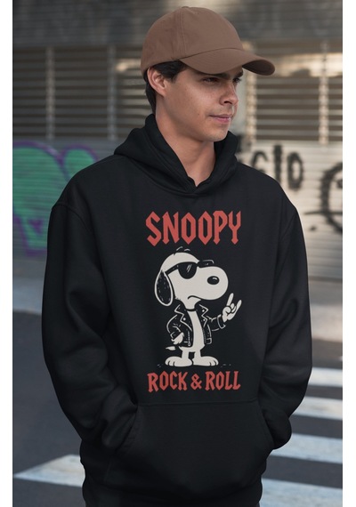 Sevbano Snoopy Rock And Roll Baskılı Unisex Oversize Çizgi Film Karakter Siyah