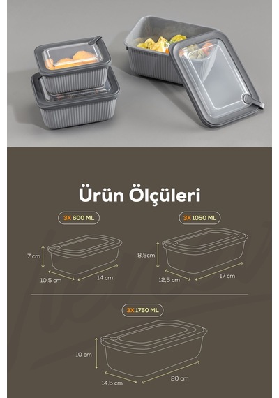 Vienev 9'lu Vip Dikdörtgen Mikrodalga Ve Difrize Uygun Saklama Kabı Seti Gri 3x 1750,1050,600 Ml Gri