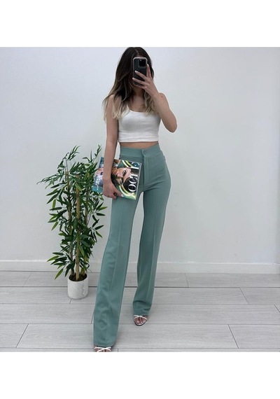 Nevege Butik Nevege Kadın Mint Yüksek Bel Toparlayıcı Ispanyol Paça Palazzo Pantolon Mint Yeşili