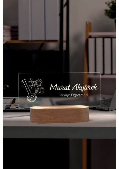 Öğretmenler İçin Kişiye Özel Masa İsimliği Masif Ahşap Tabanlı Usb Kablolu Pleksi Led Gece Lambası
