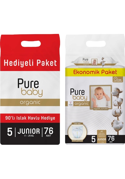Purebaby Cırtlı Bez 5 Numara Junior 76 Adet + Islak Havlu