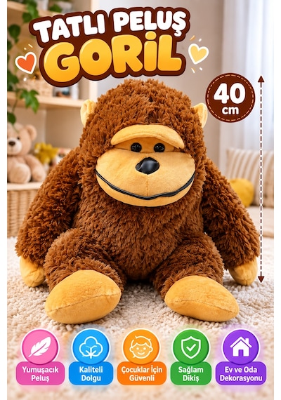 40 Cm Peluş Goril Oyuncak Yumuşak Sevimli Maymun Çocuk Odası Oyun Uyku Arkadaşı Kahverengi Büyük Boy Kahvrengi