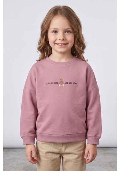 Fullamoda Ayıcık Baskılı Oversize Kız Çocuk Sweatshirt Gül Rengi