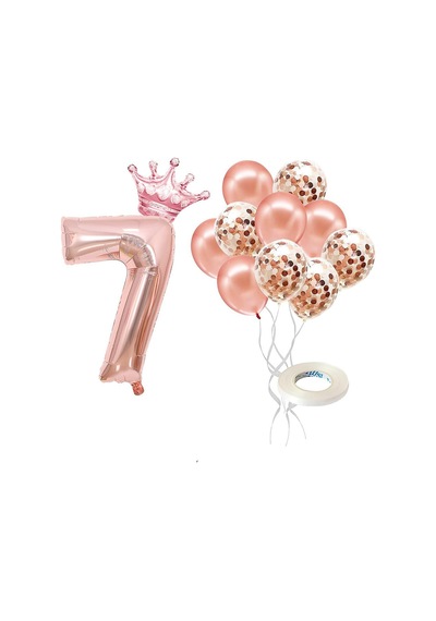 7 Rakam Rose Gold Folyo Balon, Kral Tacı Ve Konfetili Rose Gold Balon
