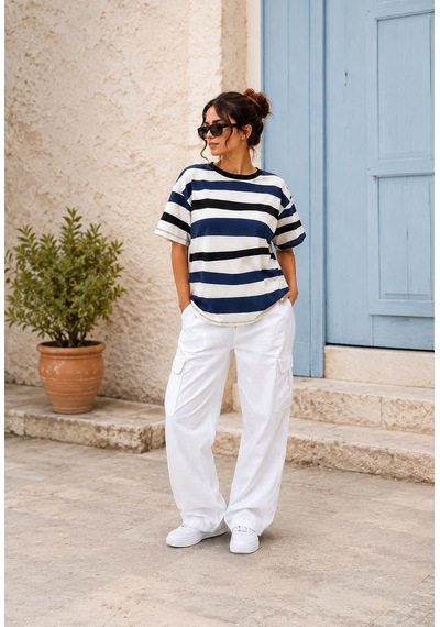 Alexandergardi Çizgili Oversize T-shirt Lacivert - Beyaz