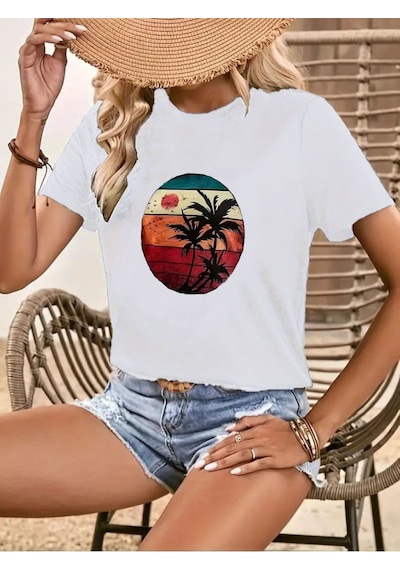 Etiler Collection Kadın Kısa Kollu Palmiye Baskılı Viskon T-shirt Beyaz