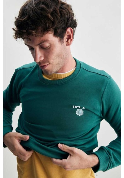 Ucla Valley Yeşil Bisiklet Yaka Baskılı Standart Fit Erkek Sweatshirt Siyah