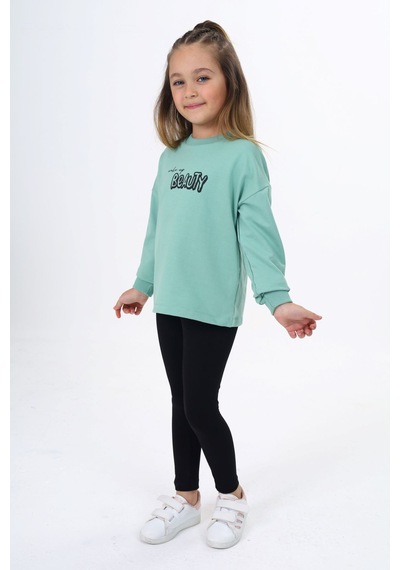 Toontoy Kids Toontoy Kız Çocuk 2'li Takım Baskılı Bisiklet Yaka Sweatshirt & Basic Düz Tayt Yeşil