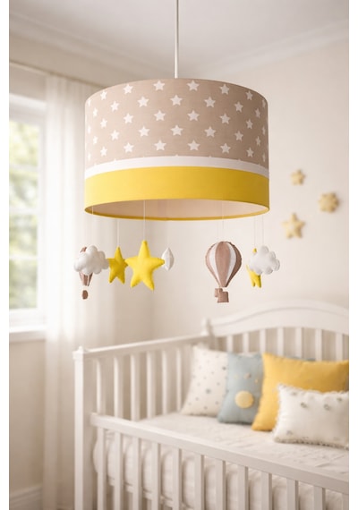 Kahverengi Yıldızlı Sarı Bebek Odası Avizesi El Yapımı Aydınlatma 30x20 Cm Sarıkahve