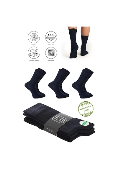 Saysez Bambu Erkek Soket Yazlık Uzun Düz Lacivert Çorap Dikişsiz Premium Paket 3'lü / Yıkamalı Soft Çorap Lacivert