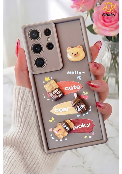 Fibaks Galaxy S24 Ultra Uyumlu Kılıf Tasarımlı Desenli Kamera Korumalı Ayıcık Kahve Renkli Yumuşak Silikon