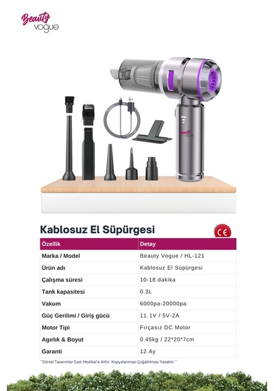 Beauty Vogue Araç İçi Süpürge 4ın1 20.000 Pa Emiş Güçlü Üflemeli Şarjlı Mini Araba El Süpürgesi Hl121 Pro