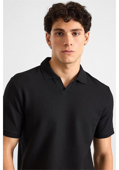 Süvari Siyah Regular Düz Baskısız Waffle V Pat Polo Yaka Tişört Sts1014000005-s09