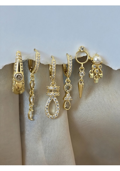 6'lı Sallantılı Zirkon Taşlı Çelik Gold Renk Küpe Seti Altın