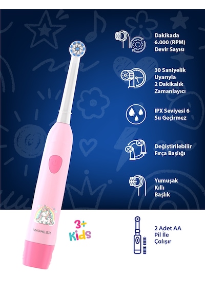 Wohler Değiştirilebilir Başlıklı Pilli Kız Çocuk Diş Fırçası 3+ , Fda Onaylı Pilli