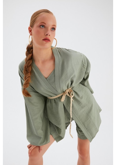 Sateen Kuşak Detaylı Salaş Kimono- Yeşil