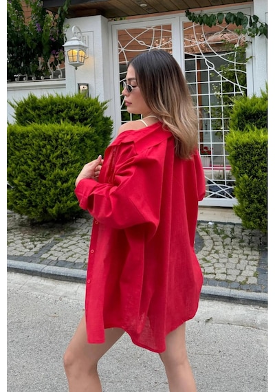 Rouge Basıc Oversize Keten Dokulu %100 Pamuk Salaş Gömlek Kırmızı
