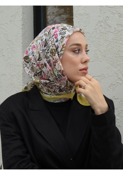 Moda Kaşmir Modern Flora Desen Bambu Eşarp Sarı-ekru