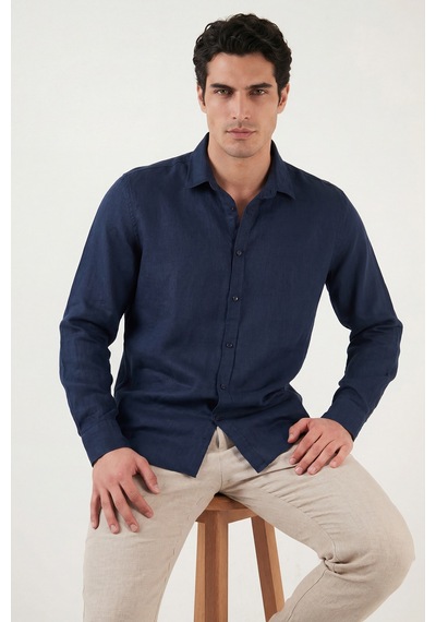 Buratti Pamuklu Regular Fit Klasik Yaka Uzun Kollu % 100 Keten Gömlek Erkek GÖMLEK CF26S1210000 Lacivert