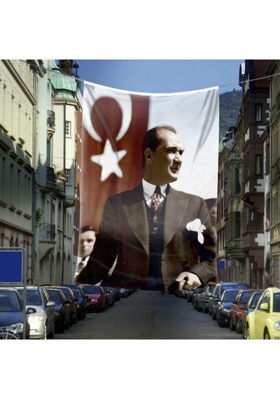 Sivil Mustafa Kemal Atatürk - Ay Yıldız Türk Bayrağı Poster Cephe Bayrağı - 6x9 Metre 1