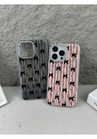Apple Uyumlu iPhone 14 Taşlı- Fiyonk Desenli Sararmaz Sert Mika Premium Kalite Telefon Kılıfı Arka Kapak Siyah