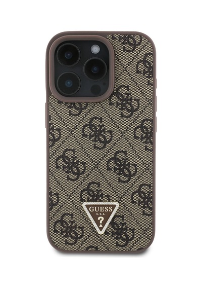 Apple Uyumlu iPhone 16 Pro Max Kılıf Guess Lisanslı Pu Deri Taşlı Üçgen Logo 4g Desenli Strass Kapak Kahverengi