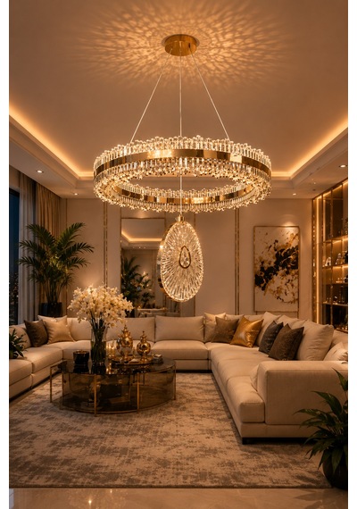İhtişam Lüks Gold Kaplamalı Çift Yönlü Aydınlatmalı Kumandalı Dimmerli 3 Renk Ledli Avize Led Avize- Çap 40 Cm Gold Gold