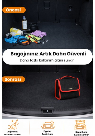 Oto Bagaj Organizer Bagaj Çantası S Boy Kaymaz Cırt Bantlı Velur Kompakt - Siyah Kırmızı