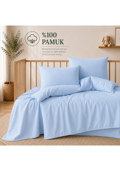 Lief Home %100 Pamuklu Sertifikalı Bebek Nevresim Takımı 100x150 63 Tel Dokuma Kutulu Gönderim Açık Mavi